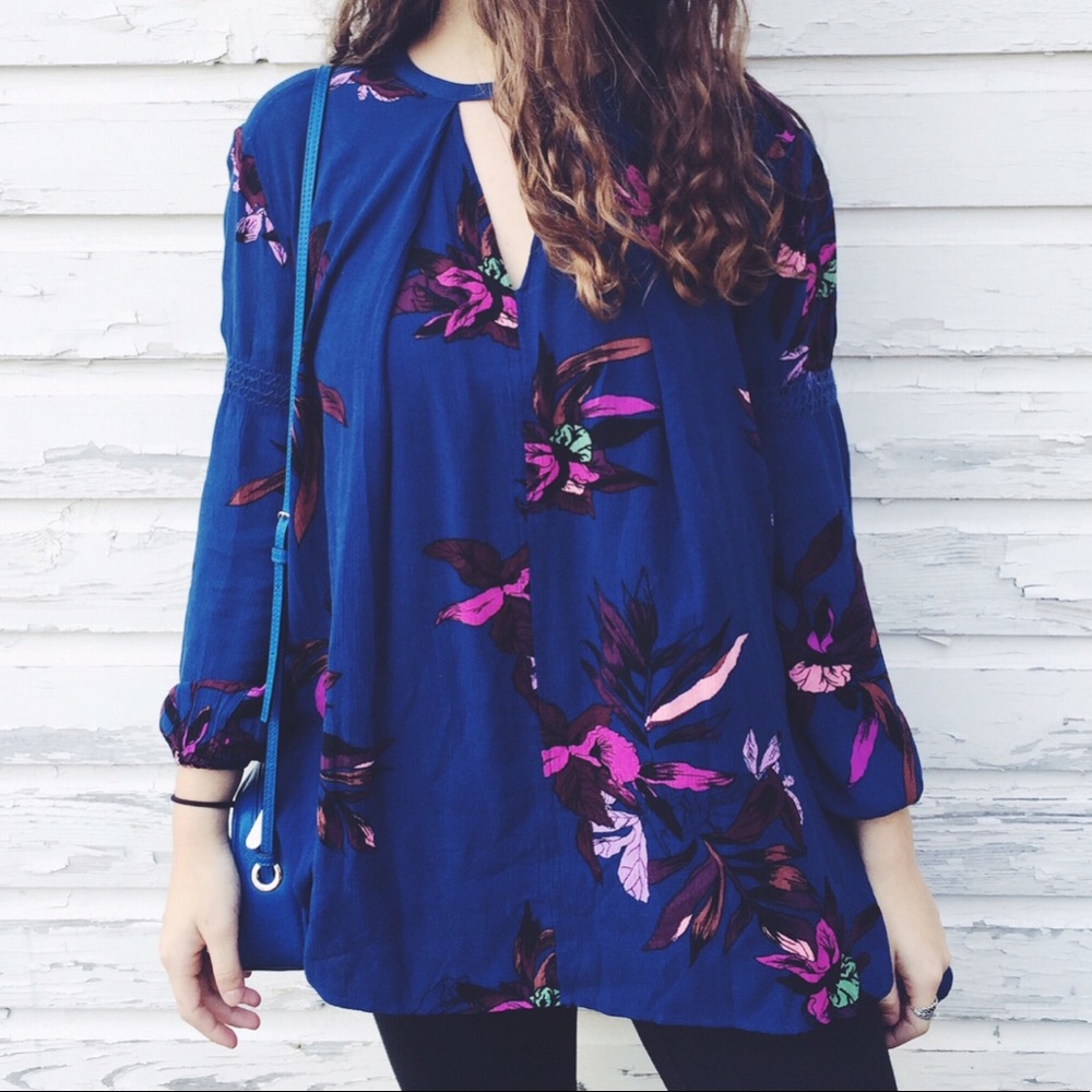 Free People Royal Blue Large Floral Tunic Top